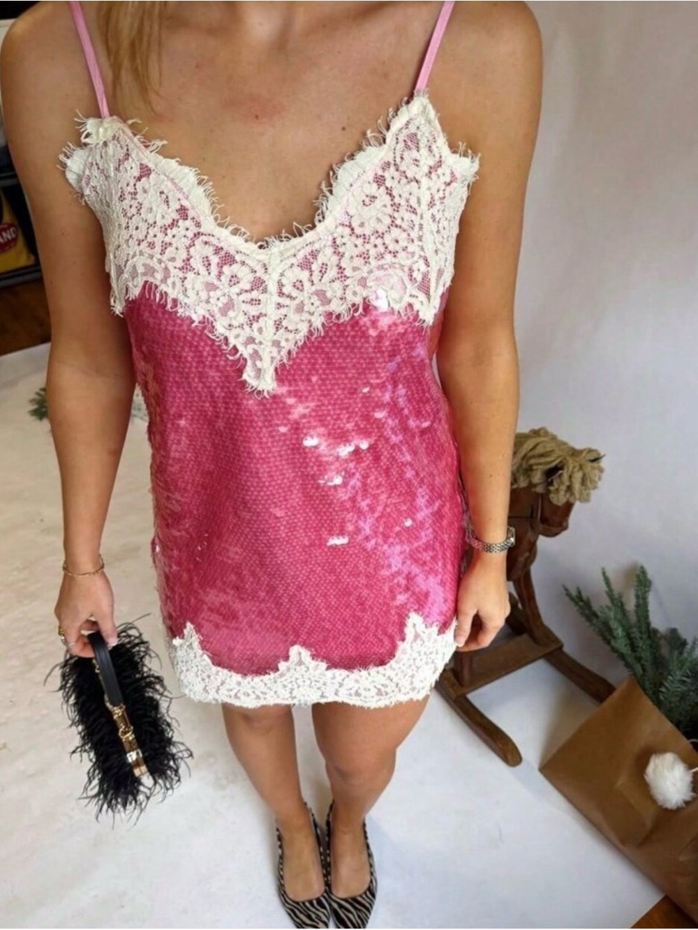 Pink Elegant Women's Sequin Slip Dress Lace Trim Spaghetti Strap - Mini Dress